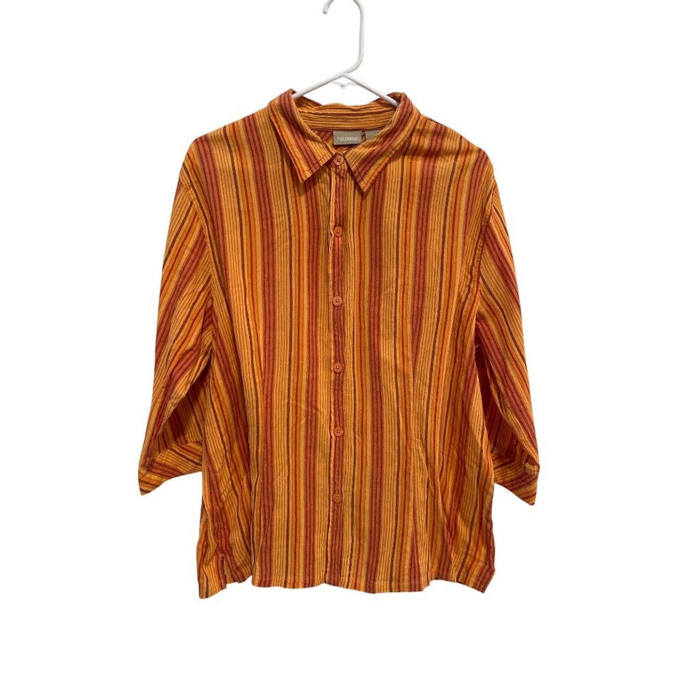 Fieldgear Shirt Size XL Striped Button Front 3/4 Sleeve Red Orange Cotton Preppy